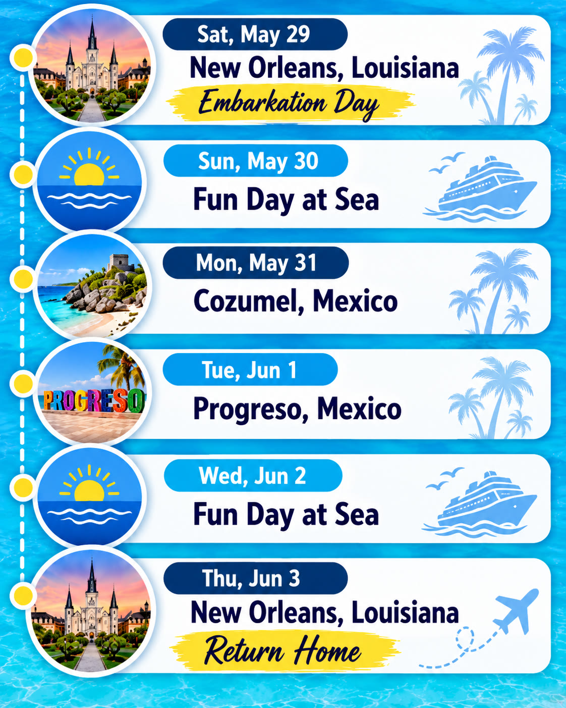 Michael's Graduation Sail-a-bration itinerary from May 29 through June 3, 2027